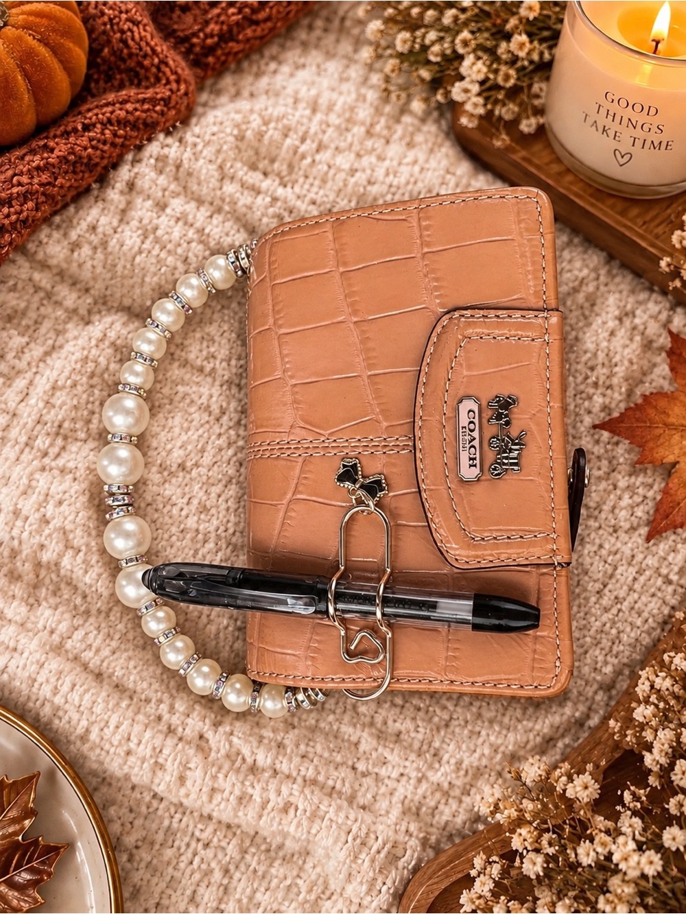 Coach Tan Croc-Embossed Mini Wallet with Pearl Wristlet